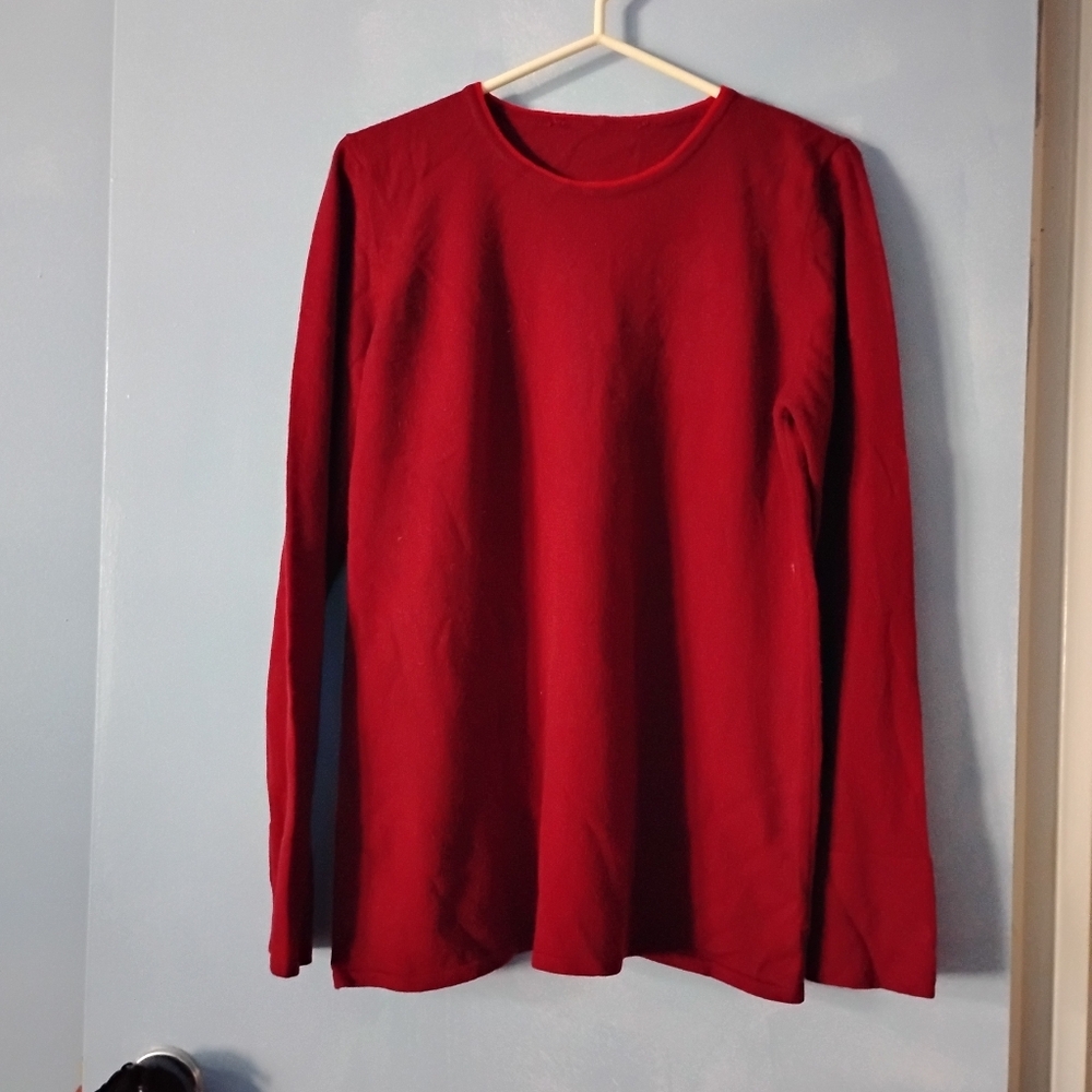 100% Cashmere Burgundy Crew Neck Sweater Turn Up Cuffs L XL